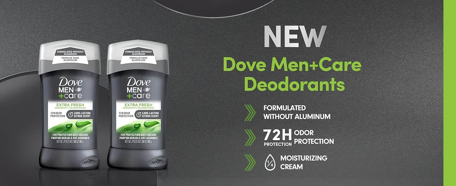 2 Dove Men+Care Deodorants against dark gray background with headline and text.