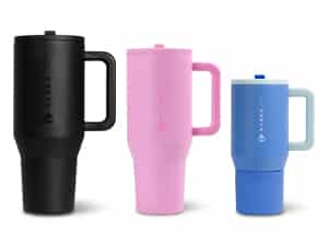 Colorful assortment of 40oz stainless steel tumblers with side handle