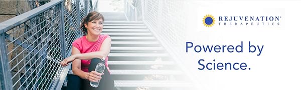 Woman sitting on stairs smiling; text reads: Rejuvenation Therapeutics. Powered by Science.