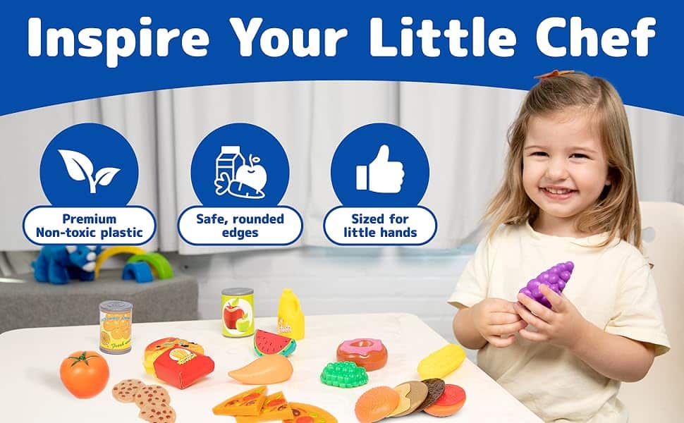 JaxoJoy Pretend Play Food Set, Toy Food Assortment Playset for Kids & Toddlers