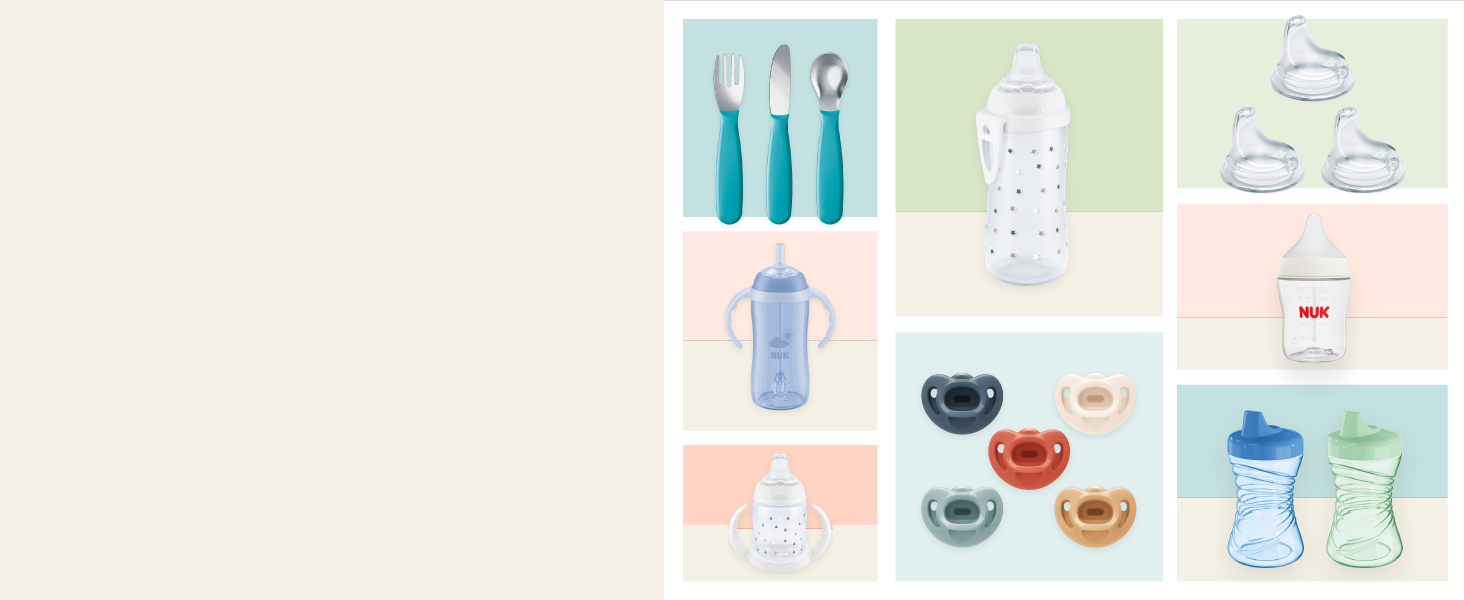 A collection of NUK products, including bottles, tableware, sippy cups, and pacifiers.