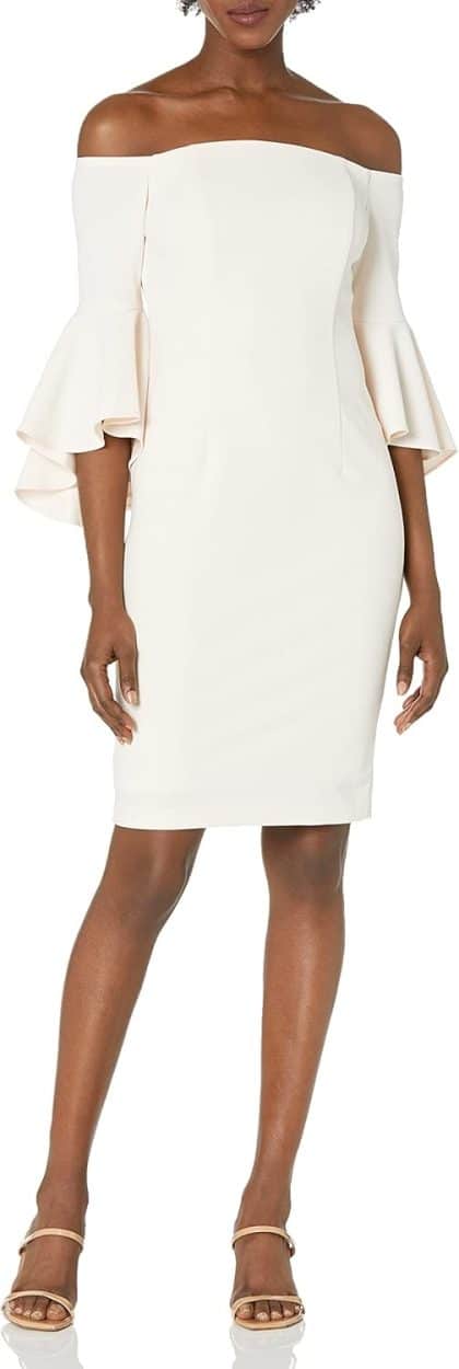 Calvin Klein Women's Off Shoulder Ruffle Sleeve Sheath Dress