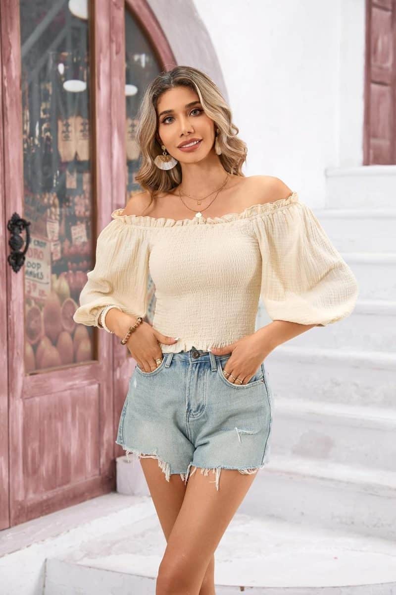 R. Vivimos Women's Summer Cotton Short Sleeves Off The Shoulder Crop Top - Image 17