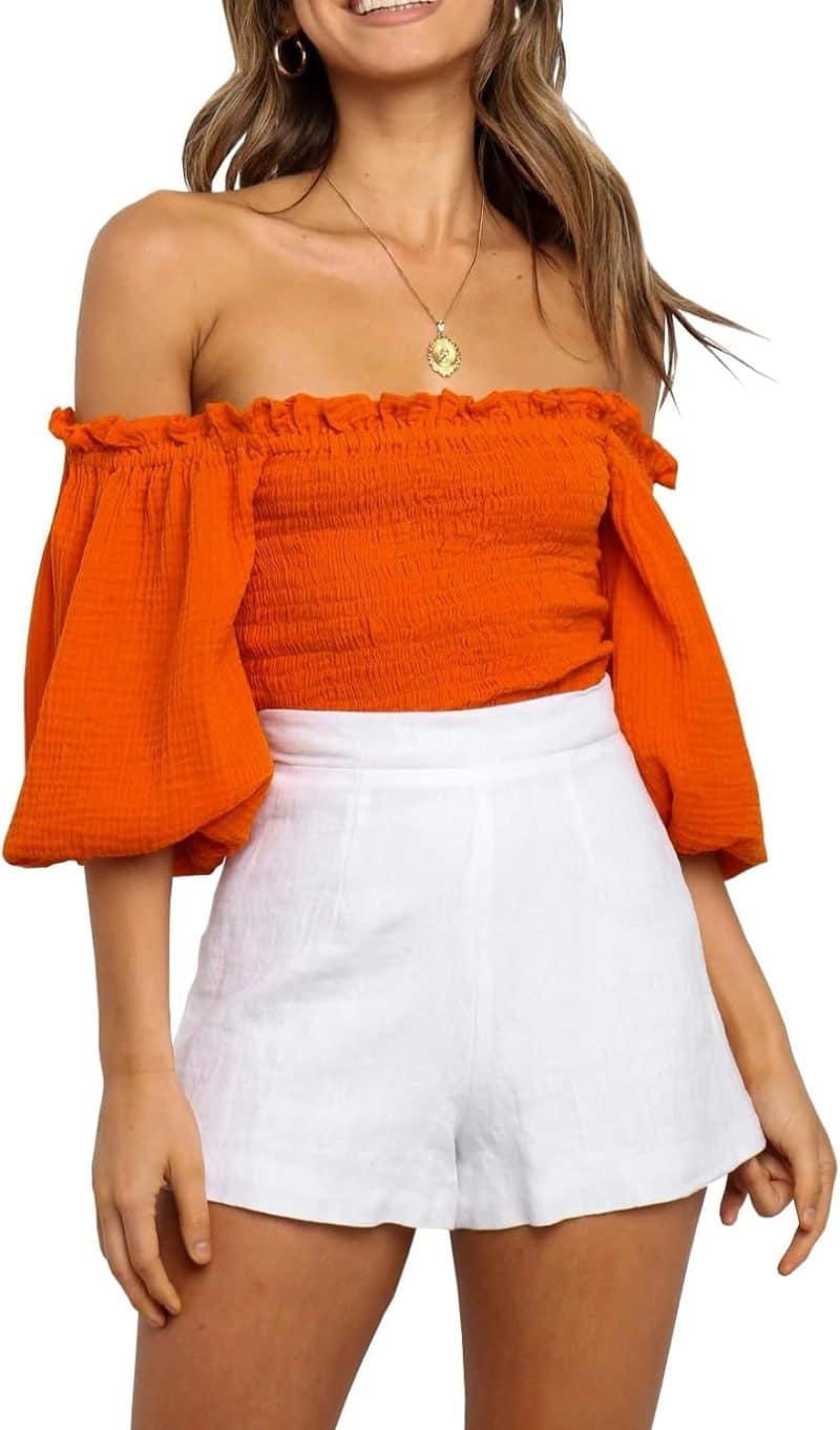 R. Vivimos Women's Summer Cotton Short Sleeves Off The Shoulder Crop Top - Image 35