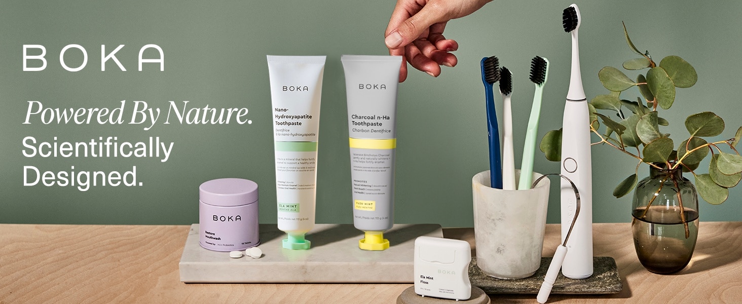Boka product showcase, including toothpaste, toothbrush, mouthwash tablets, floss