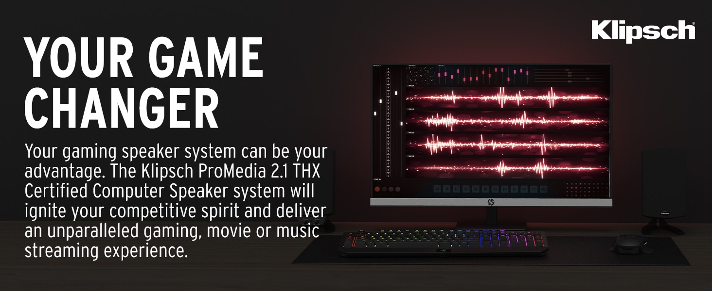 Klipsch computer gaming speaker system connected to a laptop. 