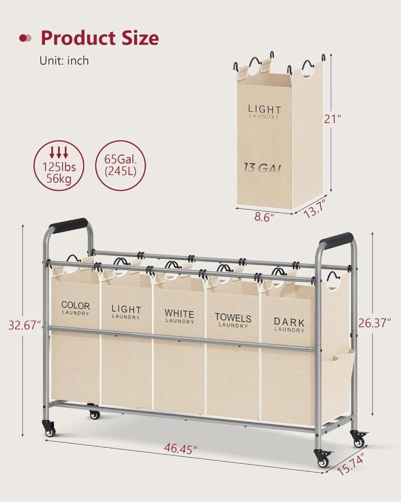 Tajsoon 5 Bag Laundry Sorter Cart - Image 15