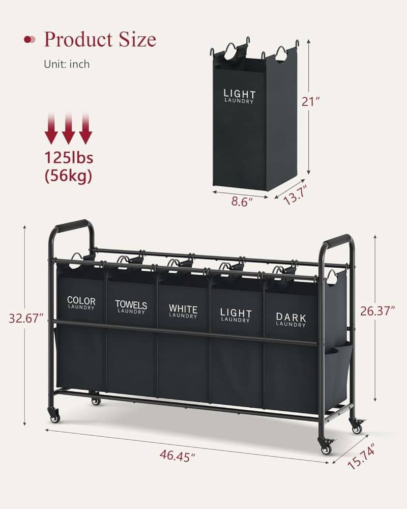 Tajsoon 5 Bag Laundry Sorter Cart - Image 20