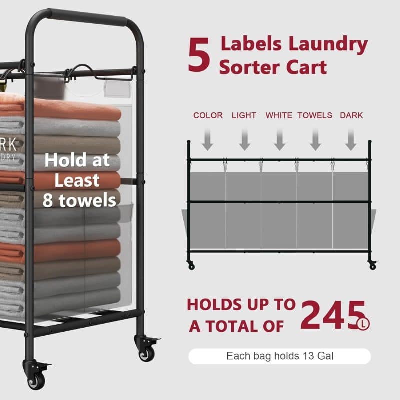 Tajsoon 5 Bag Laundry Sorter Cart - Image 35