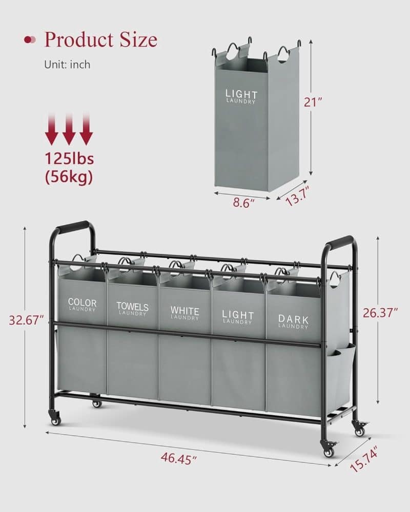 Tajsoon 5 Bag Laundry Sorter Cart - Image 36
